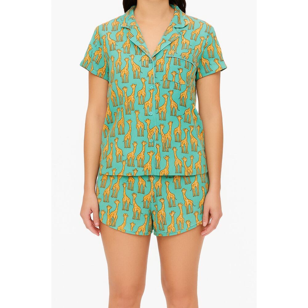 MeUndies Women’s Pajama Set Giraffe Print Button Up Top & Shorts Size M